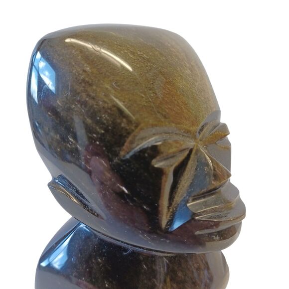 Gold Sheen Black Obsidian Stone 5-5/8"h Mayan Aztec Carved Seated Man Figure - Picture 7 of 8